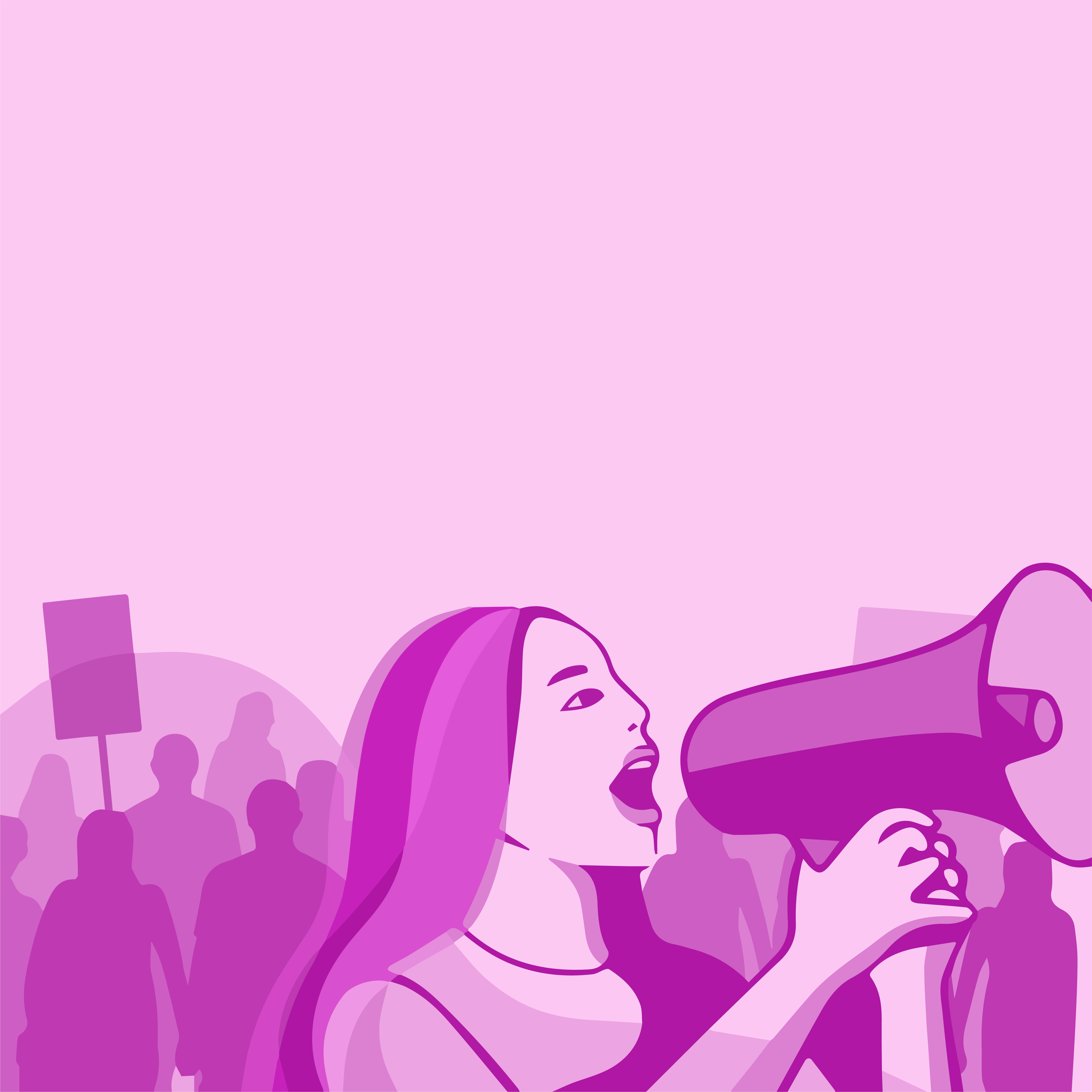 A graphic showing multiple figures at a protest, the one in foreground with a loudspeaker