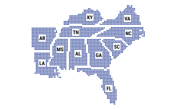An image of the States that make up the Southeast United States: Missouri, Louisiana, Mississippi, Kentucky, Tennessee, Alabama, Georgia, Florida, Virginia, North Carolina, South Carolina