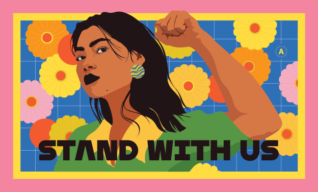 A person stands slightly facing the viewer's left, with their fist raised up. The foreground has the words "Stand with Us" and the background contains bright florals.