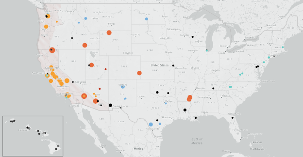 A screenshot of the map of incarceration sites from Densho's Sites of Shame, 2023.