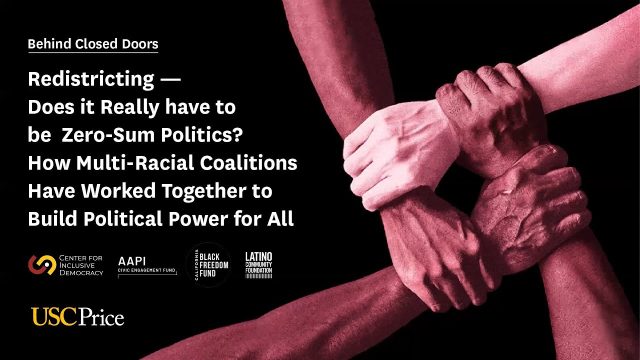 A cover reading "Behind Closed Doors: Redistricting - Does it Really have to be Zero-Sum Politics? How Multi-Racial Coalitions Have Worked Together to Build Political Power for All"