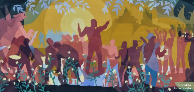 A clip of a painting by Aaron Douglas titled "Aspects of Negro Life: From Slavery to Reconstruction." A man stands in a field holding a candle, pointing to the silhoutte of a building on a hill. Others in the field are look towards where he poinst while picking cotton. To the far right, figures stand with their arms stretched towards the sky while soldiers march in the background.